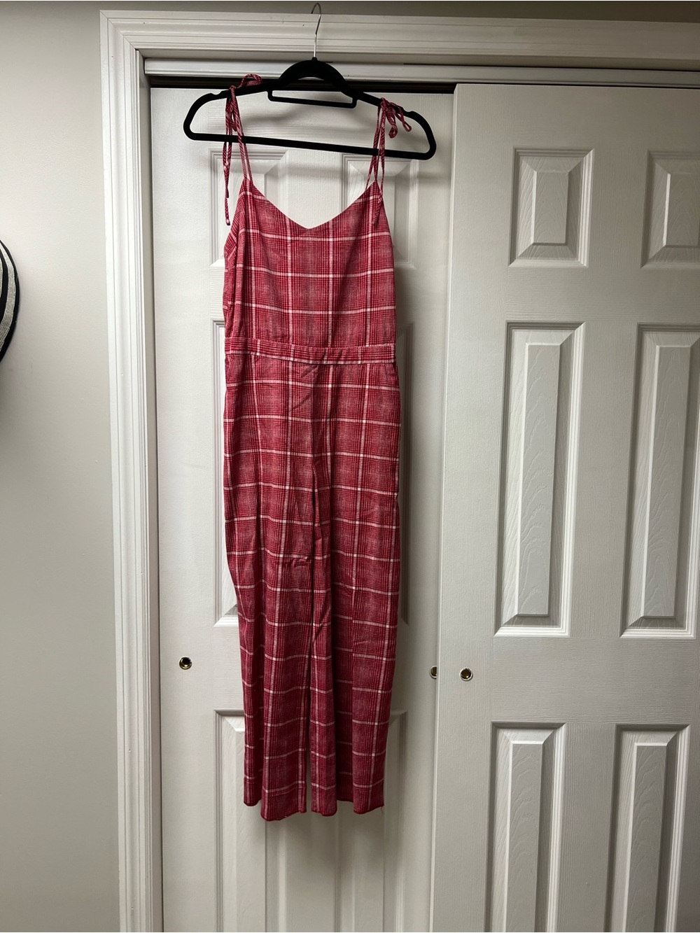 Madewell Red Plaid Tie-Shoulder Jumpsuit